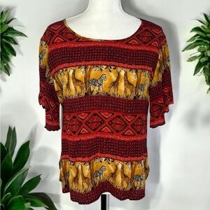 Vintage Bohemian Print Blouse Red Gold Giraffe Zebra 3/4 Sleeve Top